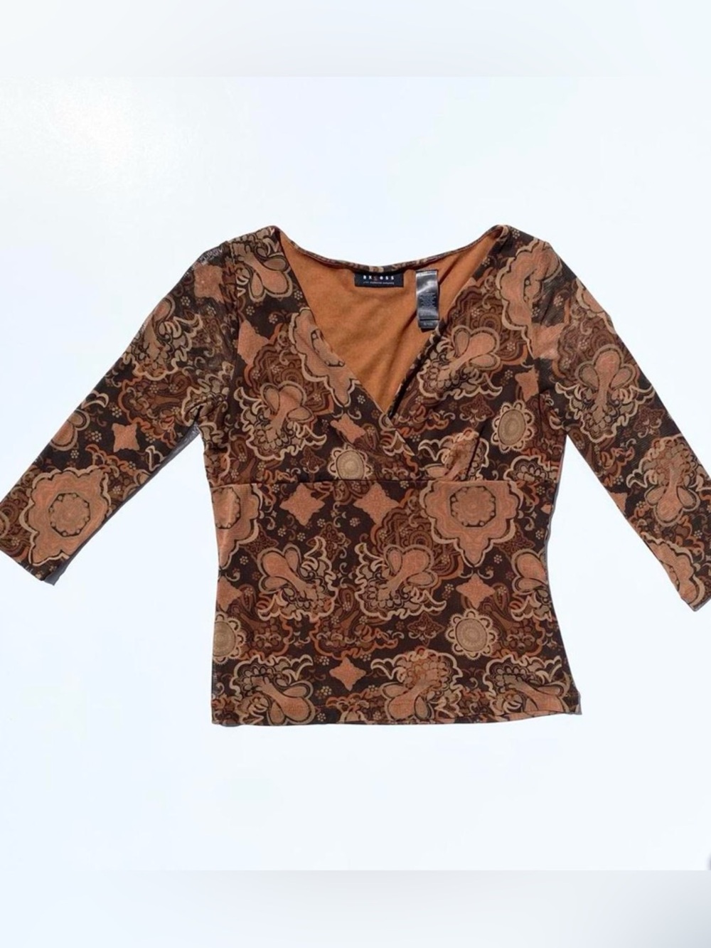 Axcess Orange Paisley Mesh V-neck Top Women Medium Bohemian Western Summer Boho